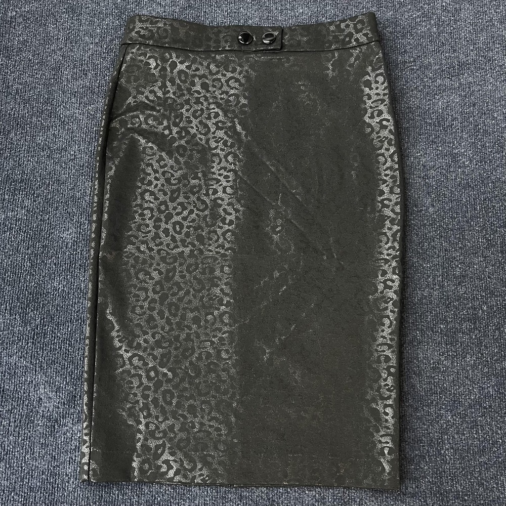 Zac & Rachel Skirt Womens Small Black Foil Leopard Pencil Knee Length Party